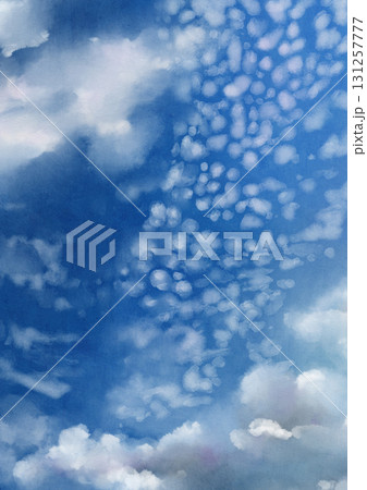 鱗雲、ひつじ雲が浮かび、低い雲も流れている高低差、立体感を感じる秋の空の背景イラスト素材 131257777
