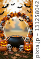 A frame consisting of a garland of Halloween elements: pumpkins, a black cauldron, skulls, cobwebs and spiders, bats, and cheerful ghosts 131258042