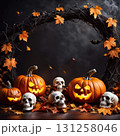 A frame consisting of a garland of Halloween elements: pumpkins, a black cauldron, skulls, cobwebs and spiders, bats, and cheerful ghosts 131258046