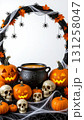 A frame consisting of a garland of Halloween elements: pumpkins, a black cauldron, skulls, cobwebs and spiders, bats, and cheerful ghosts 131258047