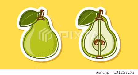 Pear sticker icon in flat style. Fresh fruit vector illustration on isolated background. Fresh pear sign business concept. Pear sticker icon in flat style. Fresh fruit vector illustration on isolated background. Fresh pear sign business concept. 131258273