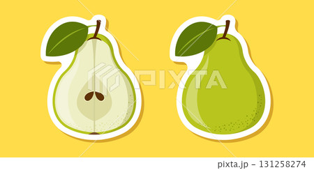 Pear sticker icon in flat style. Fresh fruit vector illustration on isolated background. Fresh pear sign business concept. 131258274
