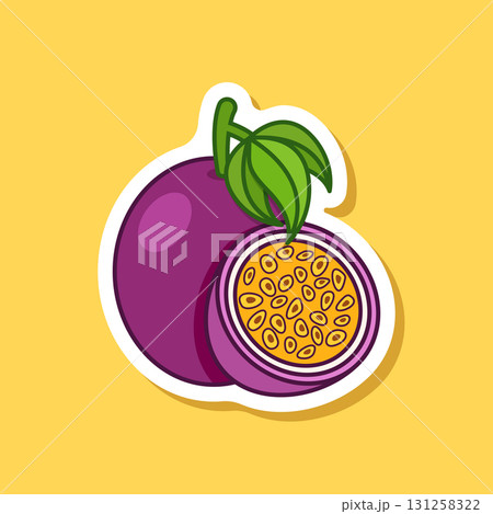 Passion fruit sticker icon in flat style. Passionfruit vector illustration on isolated background. Nature snack sign business concept. Passion fruit sticker icon in flat style. Passionfruit vector illustration on isolated background. Nature snack sign business concept. 131258322