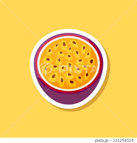 Passion fruit sticker icon in flat style. Passionfruit vector illustration on isolated background. Nature snack sign business concept. Passion fruit sticker icon in flat style. Passionfruit vector illustration on isolated background. Nature snack sign business concept. 131258324