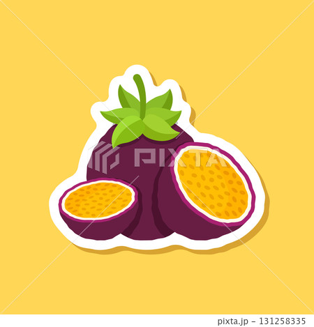 Passion fruit sticker icon in flat style. Passionfruit vector illustration on isolated background. Nature snack sign business concept. Passion fruit sticker icon in flat style. Passionfruit vector illustration on isolated background. Nature snack sign business concept. 131258335