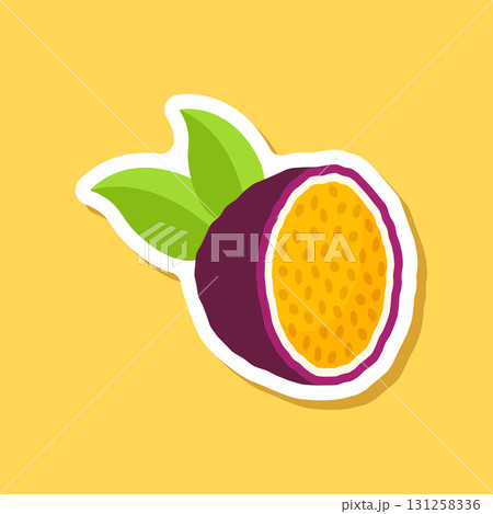 Passion fruit sticker icon in flat style. Passionfruit vector illustration on isolated background. Nature snack sign business concept. Passion fruit sticker icon in flat style. Passionfruit vector illustration on isolated background. Nature snack sign business concept. 131258336