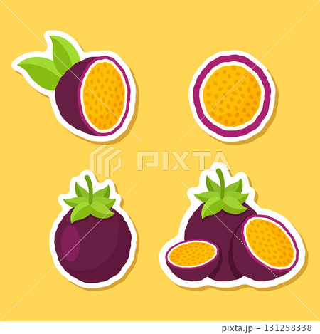 Passion fruit sticker icon set collection in flat style. Passionfruit vector illustration on isolated background. Nature snack sign business concept. 131258338