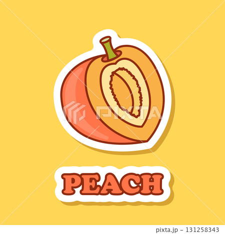 Peach fruit sticker icon in flat style. Apricot vector illustration on isolated background. Nectarine nature snack sign business concept. 131258343