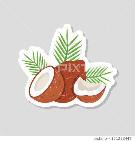 Coconut sticker icon in flat style. Healthy food vector illustration on isolated background. Coco plant sign business concept. Coconut sticker icon in flat style. Healthy food vector illustration on isolated background. Coco plant sign business concept. 131258447