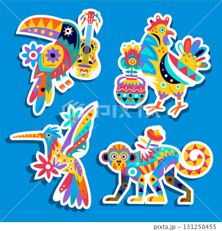 Decorative Alebrije Creatures and Objects in Bright Mexican Colors Set 131258455