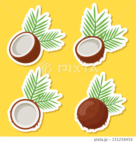 Coconut sticker icon set collection in flat style. Healthy food vector illustration on isolated background. Coco plant sign business concept. Coconut sticker icon set collection in flat style. Healthy food vector illustration on isolated background. Coco plant sign business concept. 131258458