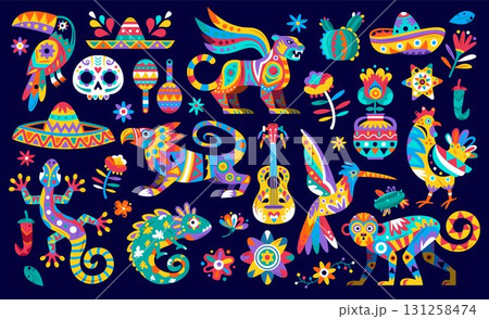 Colorful Mexican Festival Elements with Traditional Alebrije Motifs Original Set 131258474