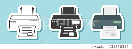 Printer sticker icon set collection in flat style. Office machine vector illustration on isolated background. Printout sign business concept. 131258555