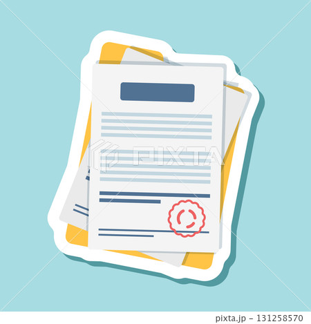 Document, folder with stamp and text sticker icon in flat style. White papers vector illustration on isolated background. Confirmed or approved document sign business concept. Document, folder with stamp and text sticker icon in flat style. White papers vector illustration on isolated background. Confirmed or approved document sign business concept. 131258570