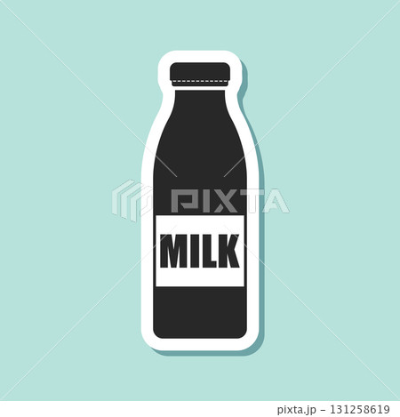 Milk bottle sticker icon in flat style. Dairy product vector illustration on isolated background. Milky liquid sign business concept. Milk bottle sticker icon in flat style. Dairy product vector illustration on isolated background. Milky liquid sign business concept. 131258619