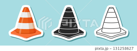 Traffic cone sticker icon set collection in flat style. Safety obstacle vector illustration on isolated background. Construction barrier sign business concept. Traffic cone sticker icon set collection in flat style. Safety obstacle vector illustration on isolated background. Construction barrier sign business concept. 131258627
