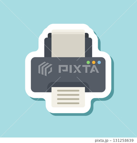 Printer sticker icon in flat style. Office machine vector illustration on isolated background. Printout sign business concept. 131258639