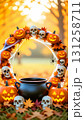 A frame consisting of a garland of Halloween elements: pumpkins, a black cauldron, skulls, cobwebs and spiders, bats, and cheerful ghosts 131258711