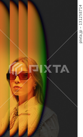 Trendy collage. Confident woman in sunglasses behind vertical neon orange green stripes on dark background 131258714