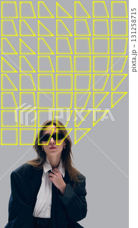 Contemporary collage. Stylish woman in sunglasses with geometric neon yellow grid background 131258715