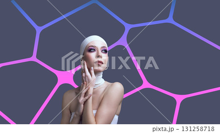 Graphic composition. Elegant woman with futuristic makeup and headwrap on violet neural grid background Graphic composition. Elegant woman with futuristic makeup and headwrap on violet neural grid background 131258718