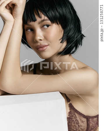 beautiful sexy girl with black bob hair. pretty young woman 131258771