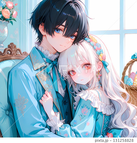 イースターを迎えるカップル。アルビノの少女と碧眼の青年の恋。日本の漫画風のAIイラスト 131258828