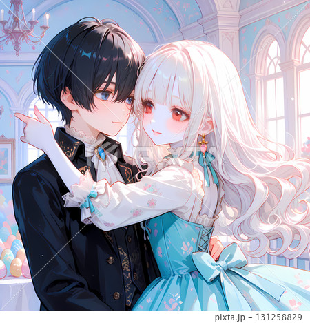 イースターを迎えるカップル。アルビノの少女と碧眼の青年の恋。日本の漫画風のAIイラスト 131258829