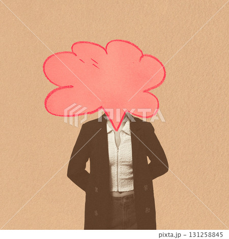 Woman body silhouette covered her face with pink text cloud 131258845