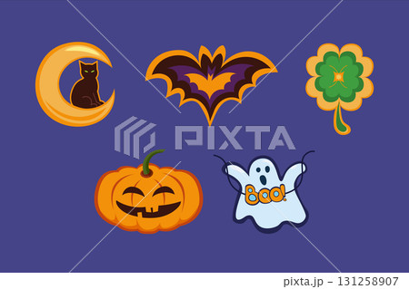 Cute Halloween set cat, bat, ghost, pumpkin, lucky clover. Holiday stickers flat vector illustration. Cute Halloween set cat, bat, ghost, pumpkin, lucky clover. Holiday stickers flat vector illustration. 131258907