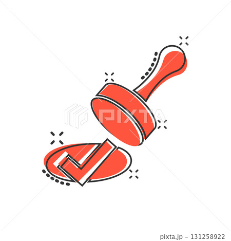 Approve stamp icon in comic style. Accept check mark cartoon vector illustration on white isolated background. Approval choice splash effect business concept. 131258922