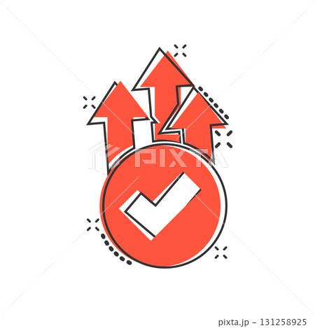 Growth arrow check icon in comic style. Revenue approval cartoon vector illustration on white isolated background. Increase ok splash effect business concept. 131258925