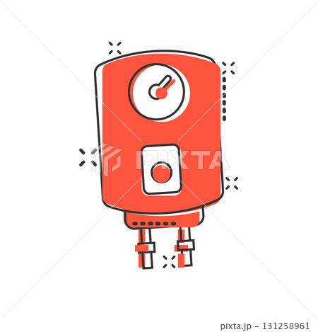 Gas boiler icon in comic style. Heater cartoon vector illustration on isolated background. Boiling splash effect sign business concept. 131258961