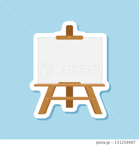 Painting easel sticker icon in flat style. Canvas vector illustration on isolated background. Artistic paper sign business concept. 131258987