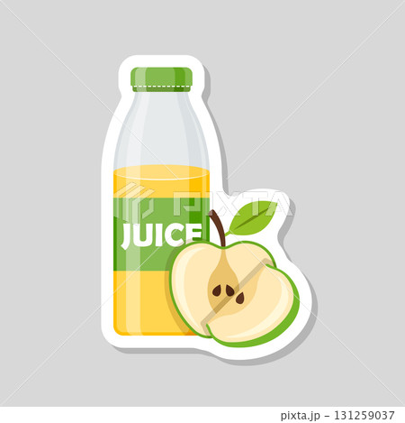 Apple juice sticker in bottle icon in flat style. Fresh fruit drink vector illustration on isolated background. Healthy food sign business concept. 131259037
