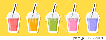 Smoothie sticker icon set collection in flat style. Fresh fruits milkshake vector illustration on isolated background. Fruits cocktail sign business concept. 131259091