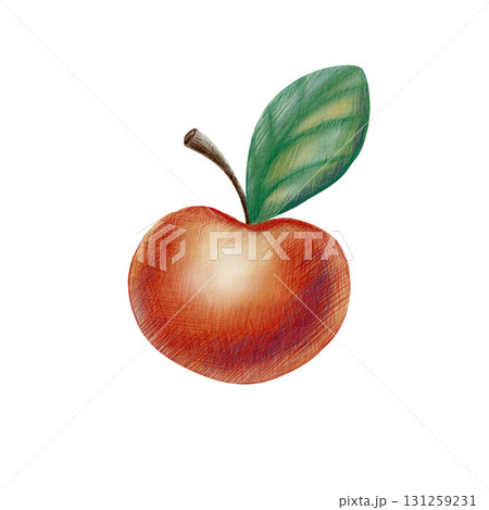Cheerful red apple with a green leaf in cartoon style,created with soft watercolor washes and textured colored pencils.For childrens books,educational materials and healthy food themes Cheerful red apple with a green leaf in cartoon style,created with soft watercolor washes and textured colored pencils.For childrens books,educational materials and healthy food themes 131259231