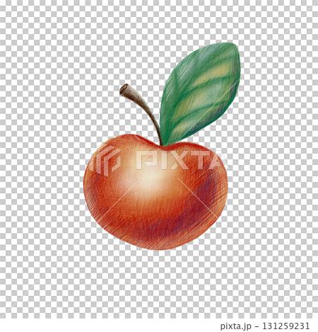 Cheerful red apple with a green leaf in cartoon style,created with soft watercolor washes and textured colored pencils.For childrens books,educational materials and healthy food themes Cheerful red apple with a green leaf in cartoon style,created with soft watercolor washes and textured colored pencils.For childrens books,educational materials and healthy food themes 131259231