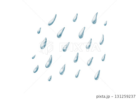 Playful raindrops falling in a whimsical shower,crafted with soft watercolor washes and delicate colored pencil lines.For childrens books,weather themes and spring-inspired designs 131259237