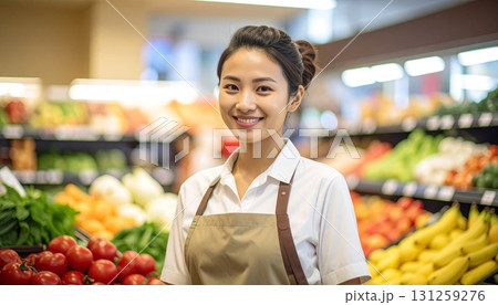 Smiling grocery store salesperson assisting customers with fresh produce at a busy market 131259276