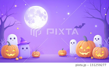 Halloween night with glowing pumpkins and friendly ghosts under a full moon 131259277