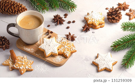 Enjoying cozy coffee and festive Christmas cookies in a winter setting with pine and spices Enjoying cozy coffee and festive Christmas cookies in a winter setting with pine and spices 131259309