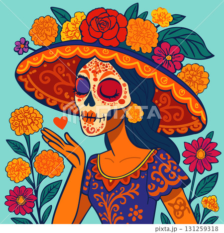 Mexican Catrina, blowing a kiss surrounded by marigolds and zinnias.l Day of the Dead concept. Bright vector illustration 131259318