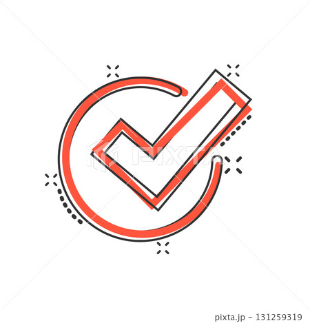 Check mark sign icon in comic style. Confirm button cartoon vector illustration on white isolated background. Accepted splash effect business concept. 131259319
