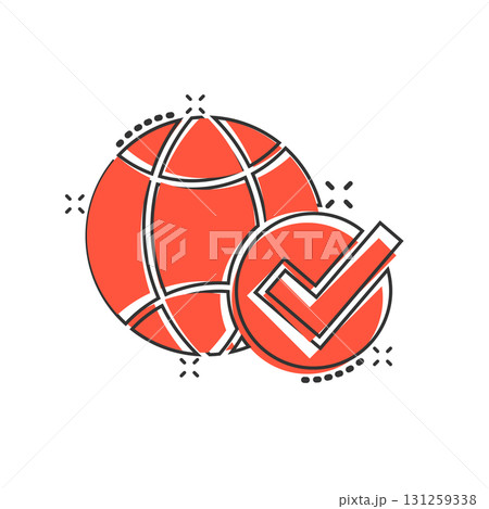 Globe check mark icon in comic style. World approval cartoon vector illustration on white isolated background. Confirm splash effect business concept. Globe check mark icon in comic style. World approval cartoon vector illustration on white isolated background. Confirm splash effect business concept. 131259338
