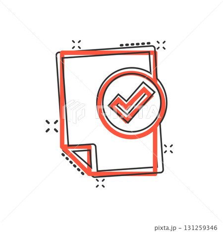 Document checklist icon in comic style. Report cartoon vector illustration on white isolated background. Paper sheet splash effect business concept. Document checklist icon in comic style. Report cartoon vector illustration on white isolated background. Paper sheet splash effect business concept. 131259346