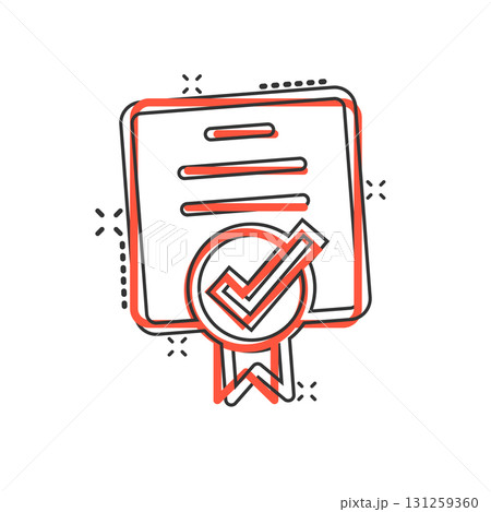 Approve certificate icon in comic style. Document check mark cartoon vector illustration on white isolated background. Approval choice splash effect business concept. Approve certificate icon in comic style. Document check mark cartoon vector illustration on white isolated background. Approval choice splash effect business concept. 131259360