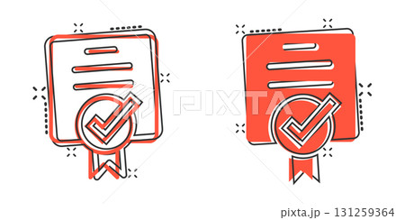 Approve certificate icon in comic style. Document check mark cartoon vector illustration on white isolated background. Approval choice splash effect business concept. 131259364
