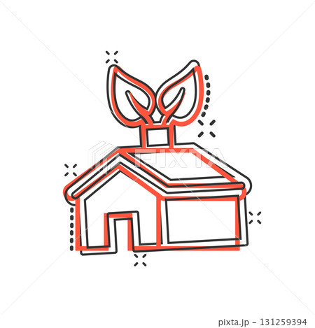Ecology home icon in comic style. House with leaf cartoon vector illustration on white isolated background. Botanical building splash effect sign business concept. Ecology home icon in comic style. House with leaf cartoon vector illustration on white isolated background. Botanical building splash effect sign business concept. 131259394