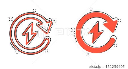 Energy recharge icon in comic style. Voltage and arrow cartoon vector illustration on white isolated background. Electric splash effect sign business concept. 131259405